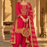 Rani Pink Zari Embroidered Kurta Palazzo Set with Potli