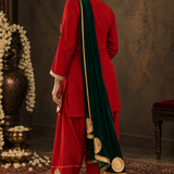 Red Mirror Embroidered Kurta Patiala Set with Green Dupatta