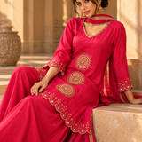 Fuchsia Pink Sunburst Embroidered Kurta Palazzo Set with Dupatta