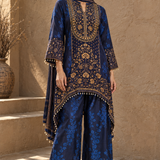 Navy Floral Printed Asymmetric Crepe Kurta Palazzo Set