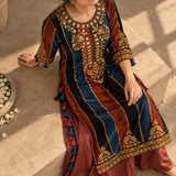 Rust Teal Colorblock Embroidered Crepe Kurta Palazzo Set