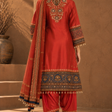 Red Gemstone Embroidered Crepe Kurta Patiala Set with Contrast Border