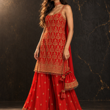 Red Embroidered Camisole Garara Set with Potli