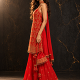 Red Embroidered Camisole Garara Set with Potli