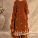 Rust Pearl Embroidered Chinon Kurta Palazzo Set with Dupatta