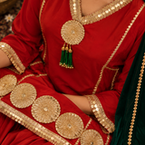 Red Mirror Embroidered Kurta Patiala Set with Green Dupatta