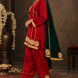 Red Mirror Embroidered Kurta Patiala Set with Green Dupatta