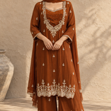 Rust Pearl Embroidered Chinon Kurta Palazzo Set with Dupatta