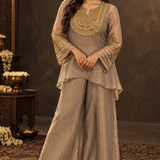 Taupe Mirror Embroidered Silk Tissue Three-Piece Sharara Set