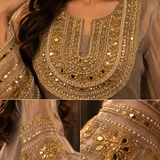 Taupe Mirror Embroidered Silk Tissue Three-Piece Sharara Set