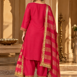 Rani Pink Zari Embroidered Kurta Palazzo Set with Potli