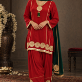 Red Mirror Embroidered Kurta Patiala Set with Green Dupatta