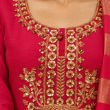 Rani Pink Zari Embroidered Kurta Palazzo Set with Potli