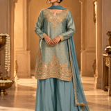 Teal Blue Brocade Embroidered Kurta Palazzo Set