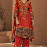 Red Gemstone Embroidered Crepe Kurta Patiala Set with Contrast Border