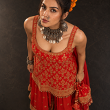 Red Embroidered Camisole Garara Set with Potli