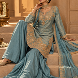 Teal Blue Brocade Embroidered Kurta Palazzo Set