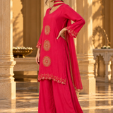 Fuchsia Pink Sunburst Embroidered Kurta Palazzo Set with Dupatta
