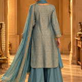 Teal Blue Brocade Embroidered Kurta Palazzo Set