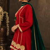 Red Mirror Embroidered Kurta Patiala Set with Green Dupatta