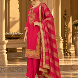 Rani Pink Zari Embroidered Kurta Palazzo Set with Potli