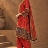 Red Gemstone Embroidered Crepe Kurta Patiala Set with Contrast Border