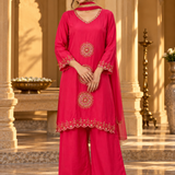 Fuchsia Pink Sunburst Embroidered Kurta Palazzo Set with Dupatta