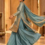 Teal Blue Brocade Embroidered Kurta Palazzo Set