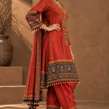 Red Gemstone Embroidered Crepe Kurta Patiala Set with Contrast Border