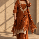 Rust Pearl Embroidered Chinon Kurta Palazzo Set with Dupatta