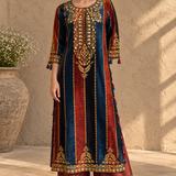 Rust Teal Colorblock Embroidered Crepe Kurta Palazzo Set