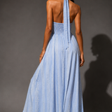 Powder Blue Jacquard Halter Maxi Dress