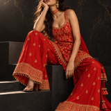 Red Embroidered Camisole Garara Set with Potli