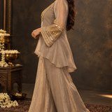 Taupe Mirror Embroidered Silk Tissue Three-Piece Sharara Set