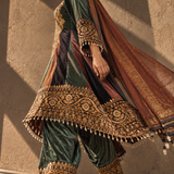 Green Rust Colorblock Embroidered Crepe Kurta Palazzo Set with Dupatta