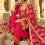 Rani Pink Zari Embroidered Kurta Palazzo Set with Potli