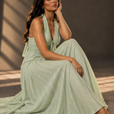 Sage Green Jacquard Halter Maxi Dress