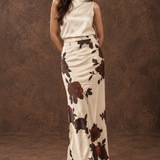 Ivory Rose Print Satin Maxi Skirt