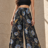 Blue Floral Wide-Leg Pants