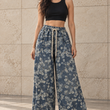 Indigo Wash Floral Wide-Leg Pants