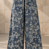 Indigo Wash Floral Wide-Leg Pants