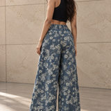 Indigo Wash Floral Wide-Leg Pants