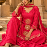 Fuchsia Pink Sunburst Embroidered Kurta Palazzo Set with Dupatta