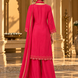 Fuchsia Pink Sunburst Embroidered Kurta Palazzo Set with Dupatta