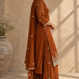 Rust Pearl Embroidered Chinon Kurta Palazzo Set with Dupatta