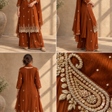 Rust Pearl Embroidered Chinon Kurta Palazzo Set with Dupatta