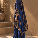 Navy Floral Printed Asymmetric Crepe Kurta Palazzo Set