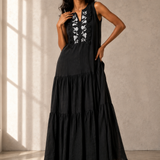 Black Embroidered Tiered Maxi Dress