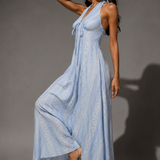 Powder Blue Jacquard Halter Maxi Dress