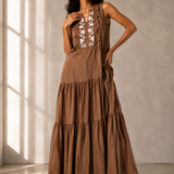 Brown Embroidered Tiered Maxi Dress